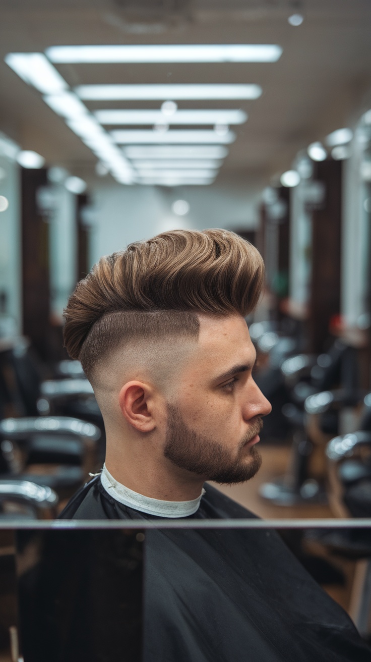 A man with a pompadour hairstyle and high fade sitting in a barbershop.