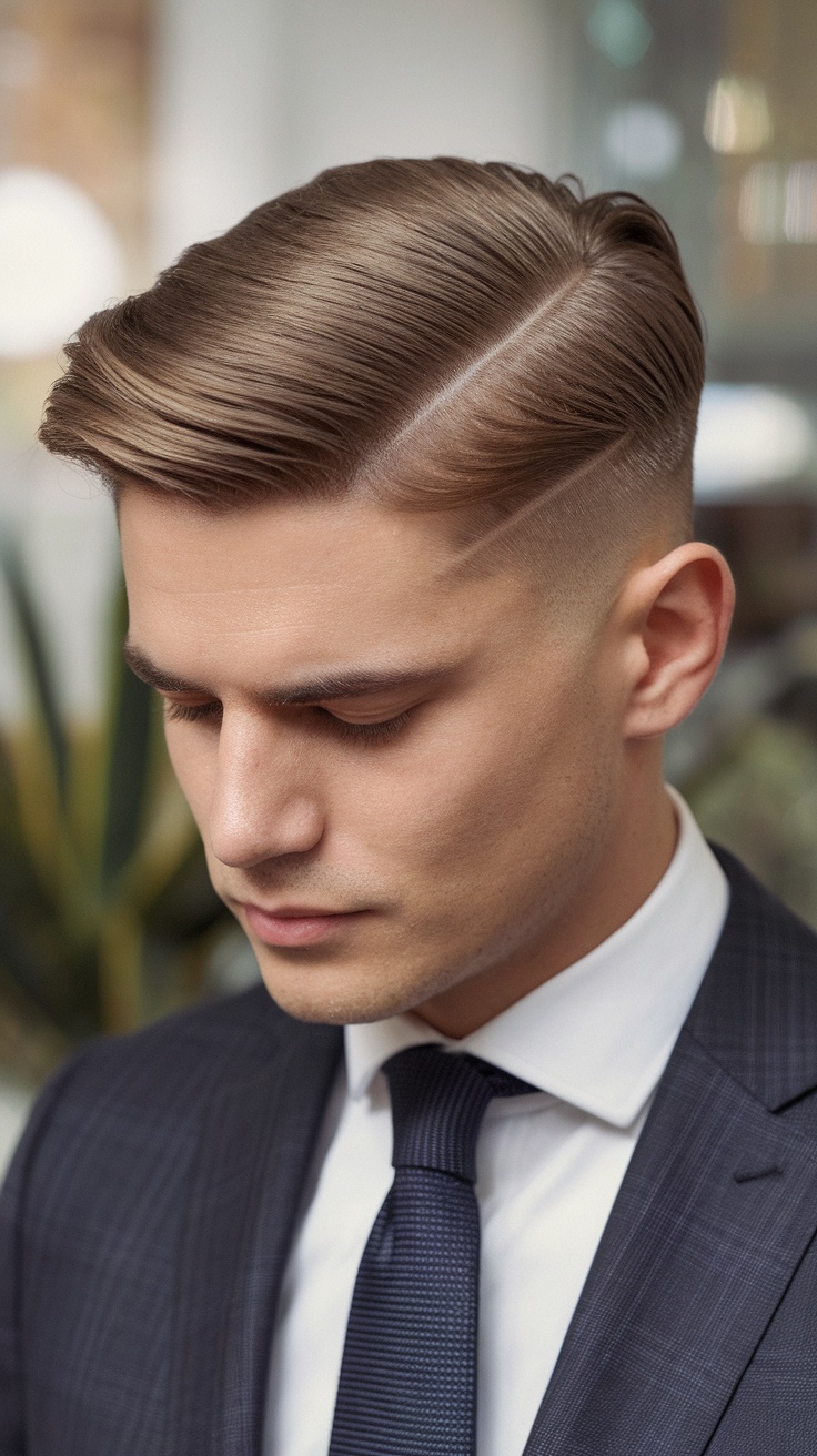 A close-up of a man with a side-part hairstyle and a classic suit, showcasing a neat and stylish hair finish.