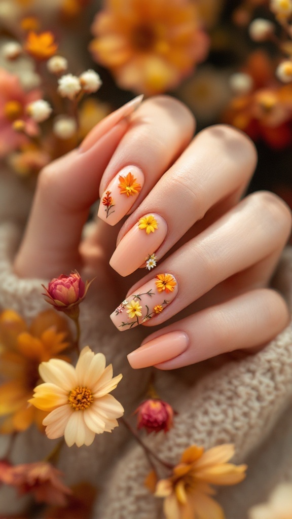 Nails painted in soft peach with autumn flower designs