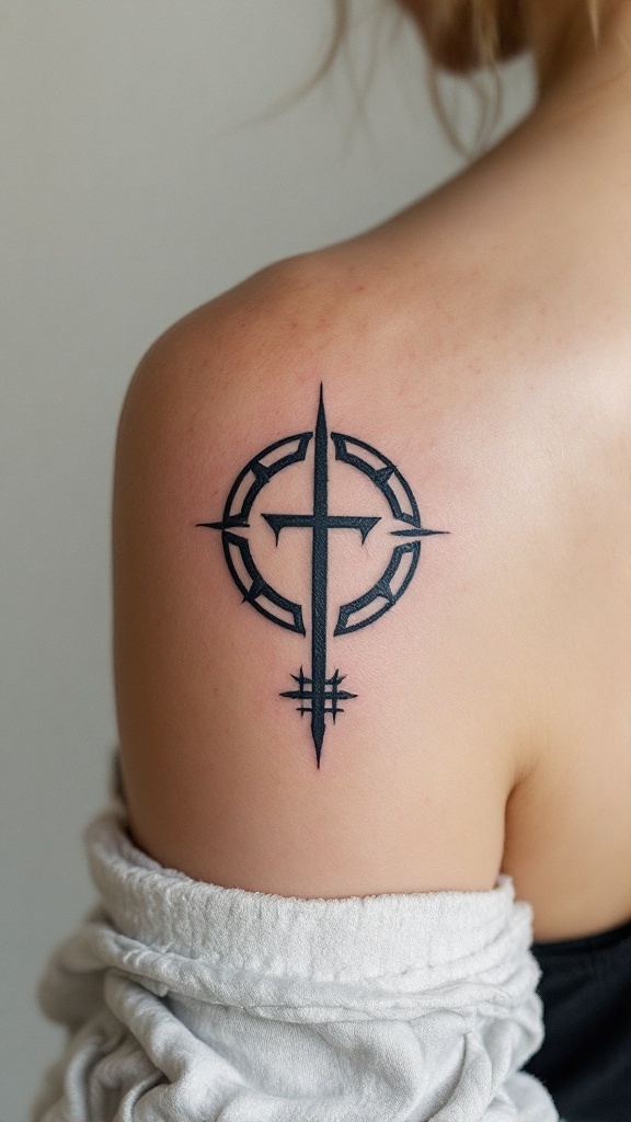 Tatuagem feminina de símbolo de força no ombro