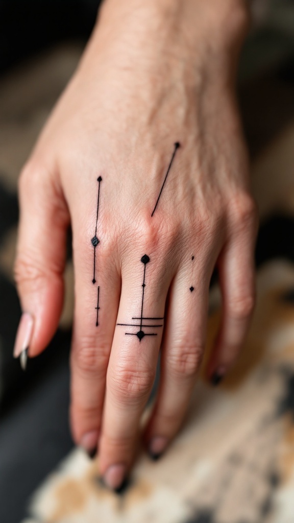 Imagem de uma tatuagem minimalista no dorso da mão, com linhas e formas geométricas.