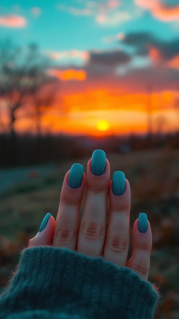 Teal nails featuring an autumn sunset gradient