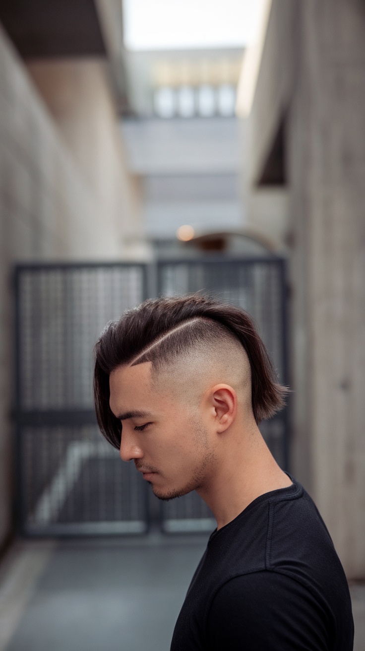 A man with an undercut hairstyle featuring a long top, styled to the side.