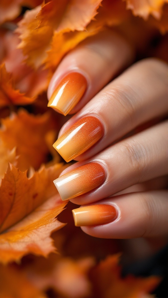 Close-up of warm rust and gold ombre nails with autumn leaves in the background.