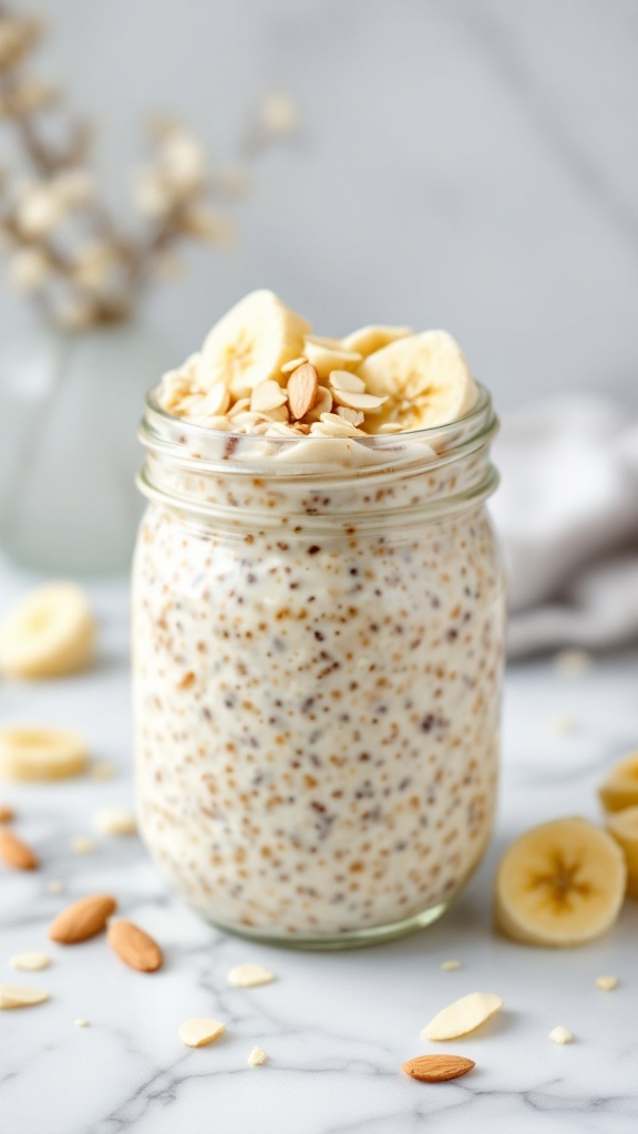 A jar of banana almond overnight oats topped with banana slices and almonds