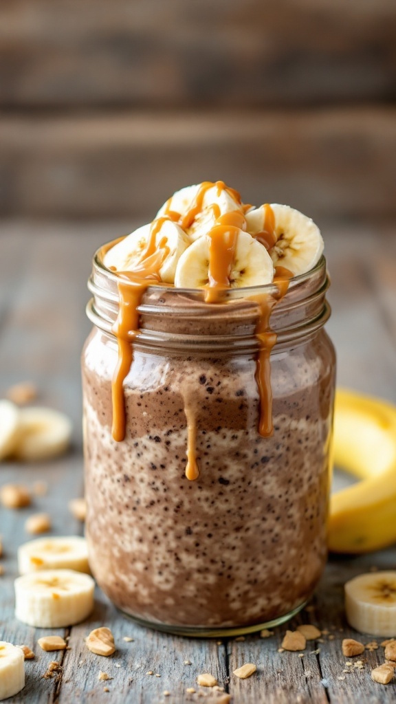 A jar of chocolate peanut butter overnight oats topped with banana slices and a drizzle of peanut butter.