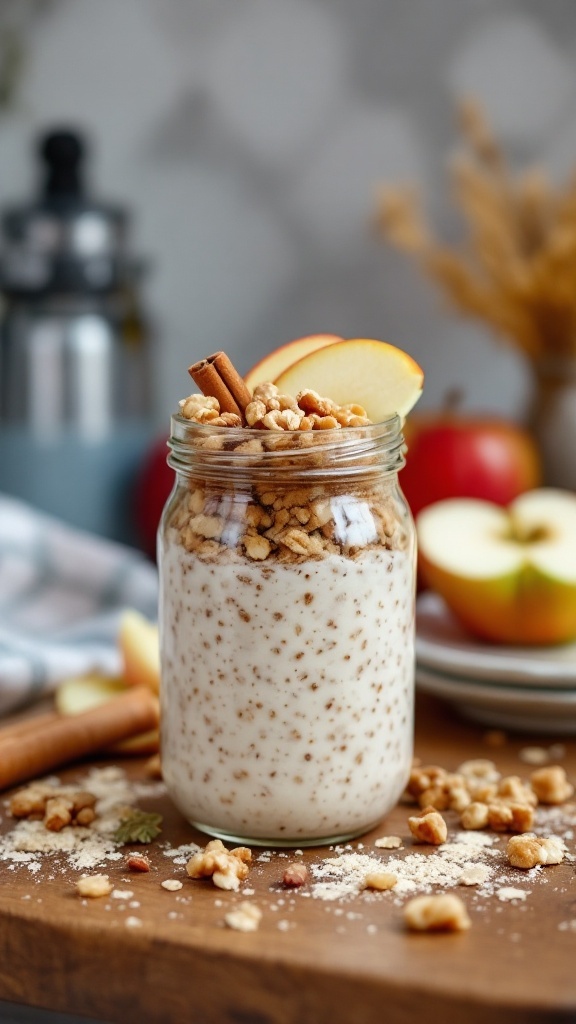 A jar of cinnamon apple walnut overnight oats topped with apple slices and walnuts.