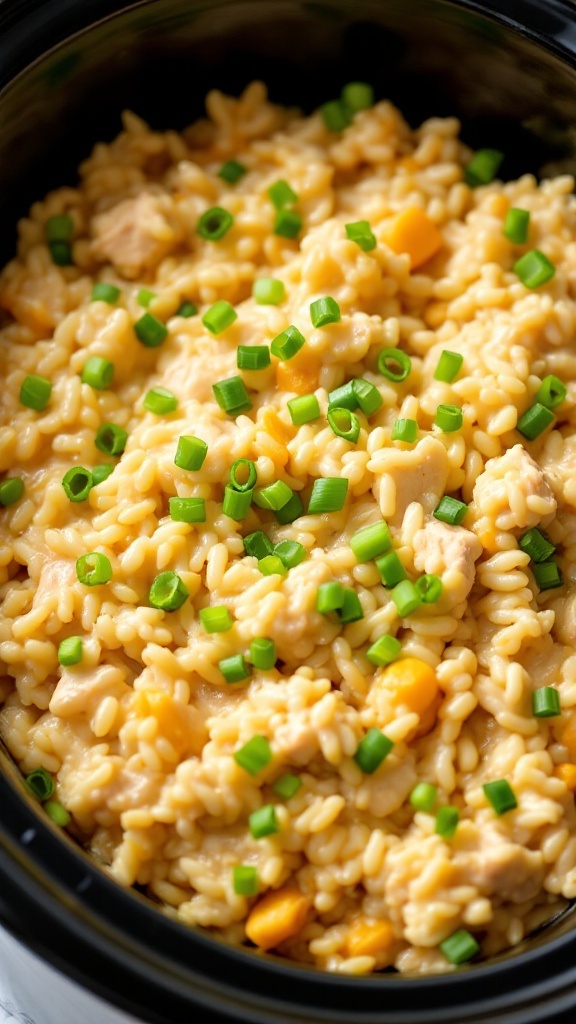 A delicious creamy chicken and wild rice casserole served in a crockpot.