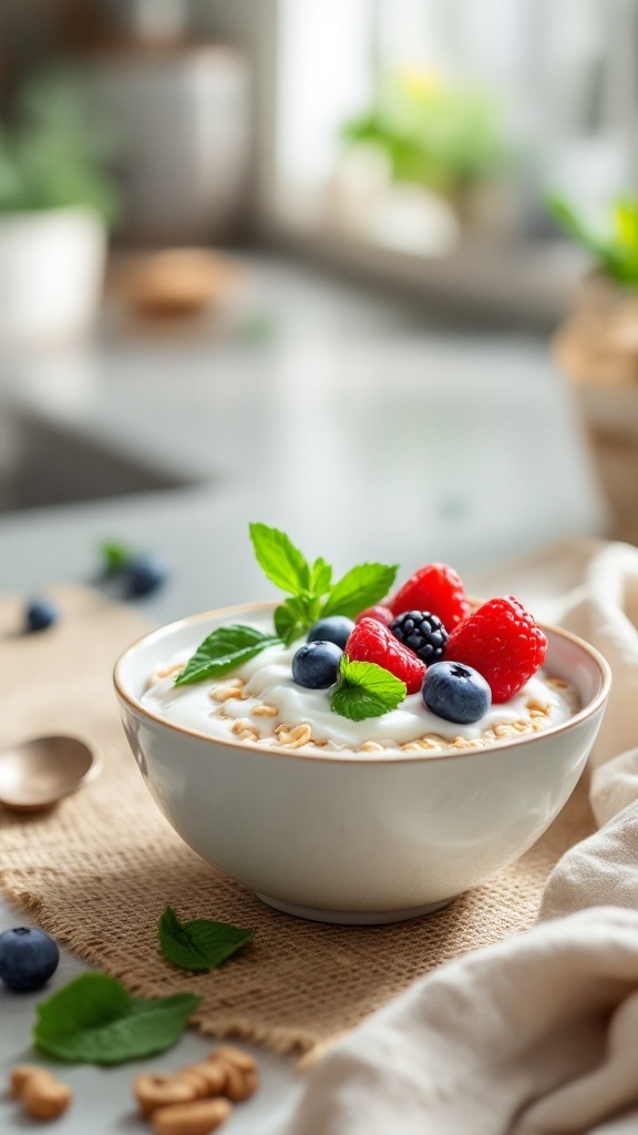 A bowl of Greek yogurt topped with berries and oats.