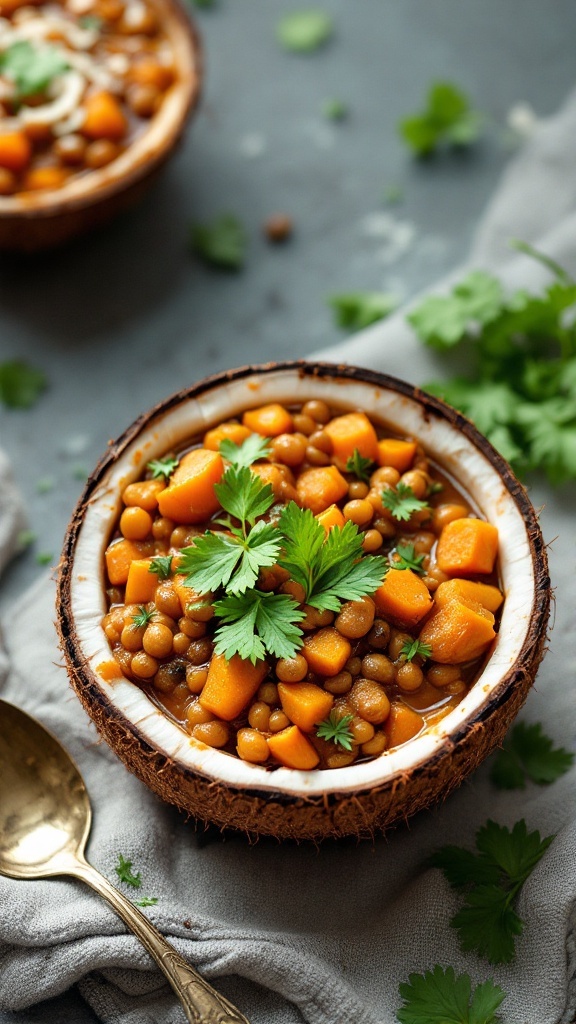 A bowl of Lentil and Sweet Potato Curry garnished with cilantro.