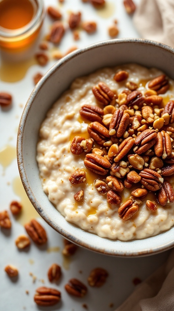 A bowl of maple pecan overnight oats topped with pecans and a drizzle of maple syrup.