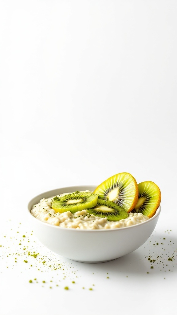 Bowl of matcha green tea overnight oats topped with fresh fruit slices.