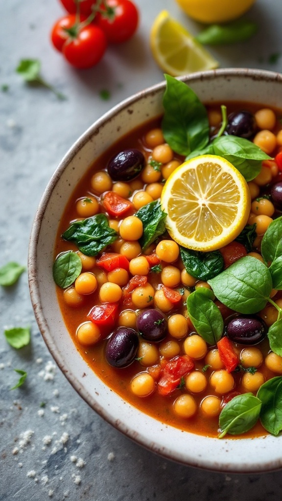 A bowl of Mediterranean Chickpea and Spinach Soup with lemon and spinach garnishes.