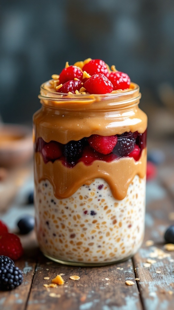 A jar of peanut butter and jelly overnight oats with fresh berries on top.