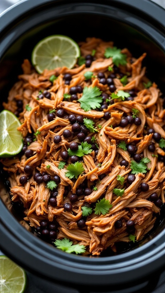 A bowl of shredded pork carnitas with beans, garnished with lime and cilantro.