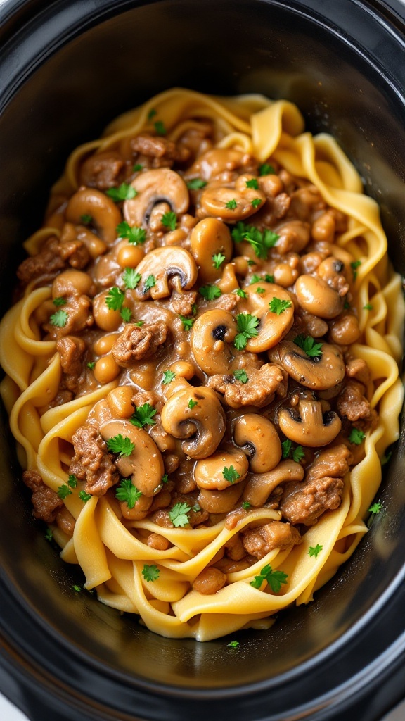 A bowl of beef and mushroom stroganoff with noodles, garnished with parsley.