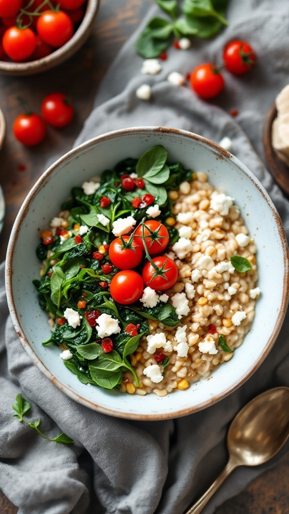 A bowl of savory overnight oats with spinach and feta, topped with cherry tomatoes.