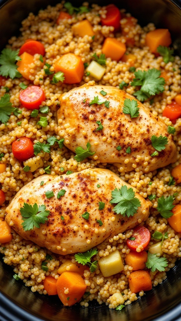 A bowl of slow cooker chicken and quinoa with colorful vegetables