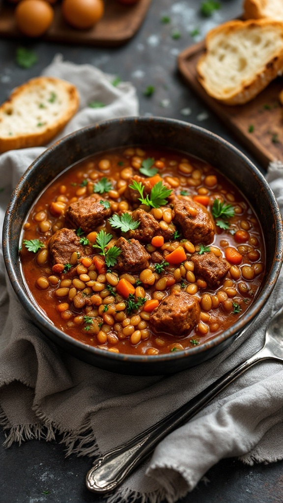 A bowl of spicy beef and lentil stew garnished with cilantro.