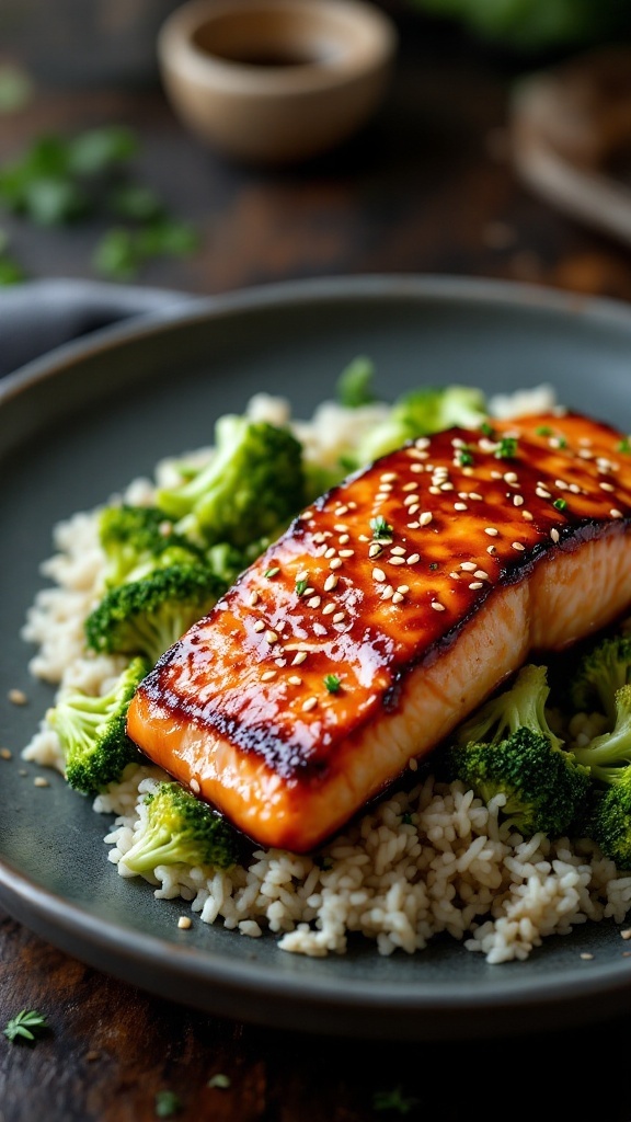Teriyaki Salmon with Broccoli served over rice