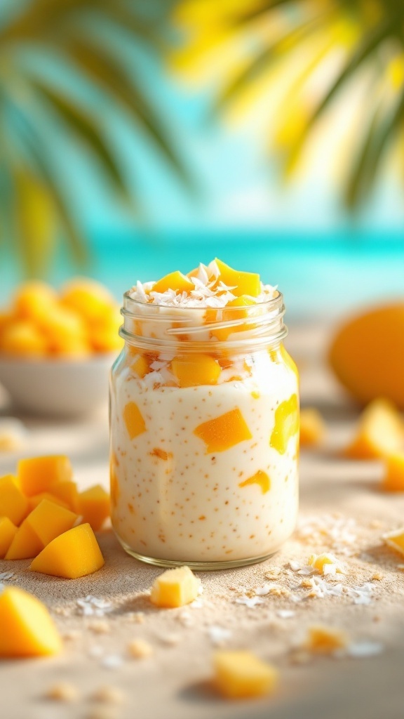 A jar of Tropical Coconut Mango Oats topped with mango and shredded coconut