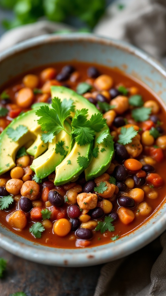 A bowl of turkey and black bean chili garnished with avocado and cilantro.