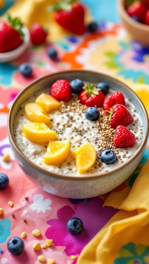A bowl of vanilla chia seed protein oats topped with fruits and nuts