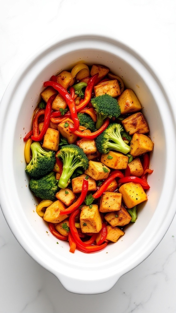 Crockpot Vegetable and Tofu Stir-Fry with colorful vegetables and tofu cubes.
