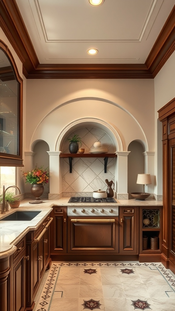 Elegant Italian kitchen with wooden cabinetry and marble countertops.