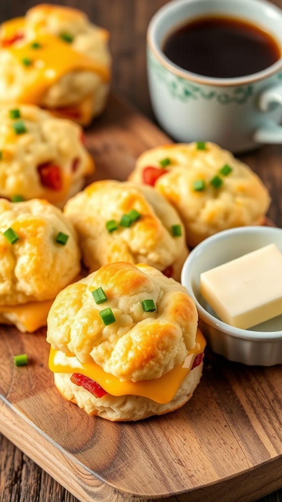 Golden, flaky cheesy bacon and chive biscuits on a wooden board with butter and coffee.