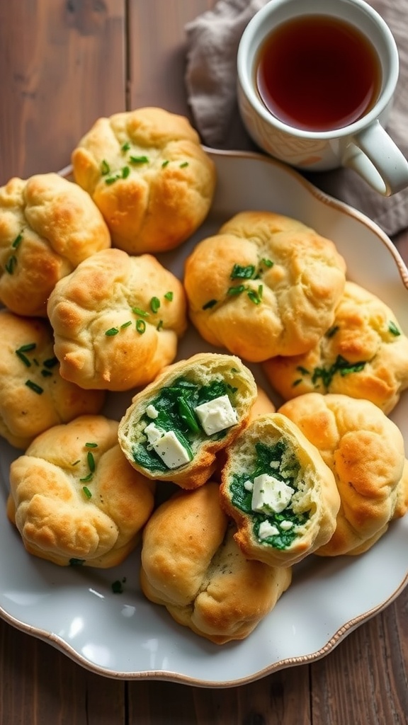 A plate of flaky spinach and feta biscuits with herbs, some broken to show filling, on a rustic table with a cup of tea.