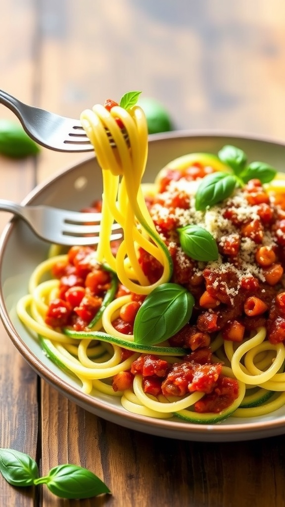 Zucchini noodles with Bolognese sauce garnished with basil and Parmesan on a rustic wooden table.