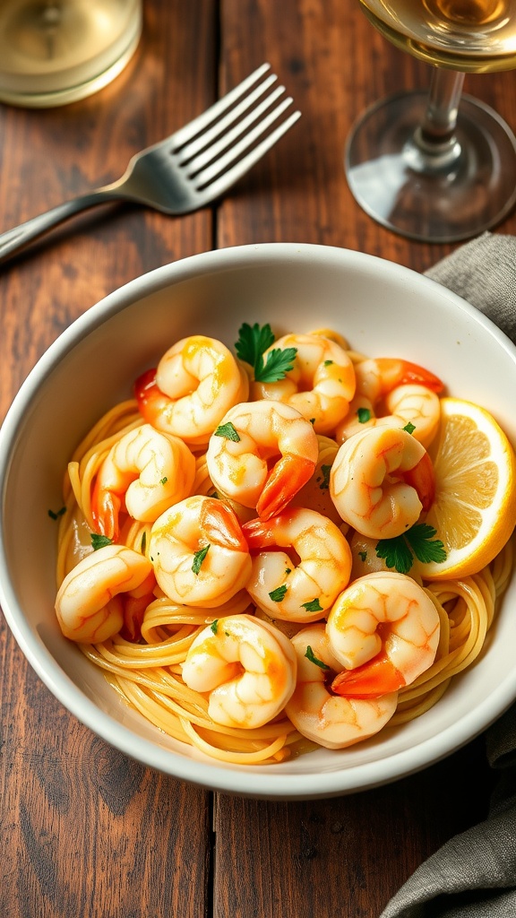 A delicious bowl of creamy garlic butter shrimp over pasta, garnished with parsley and served with lemon.