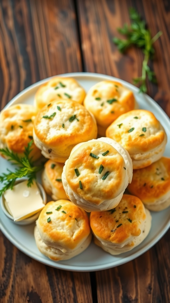 Golden brown garlic herb cream cheese biscuits on a plate, garnished with fresh herbs and a dish of butter.