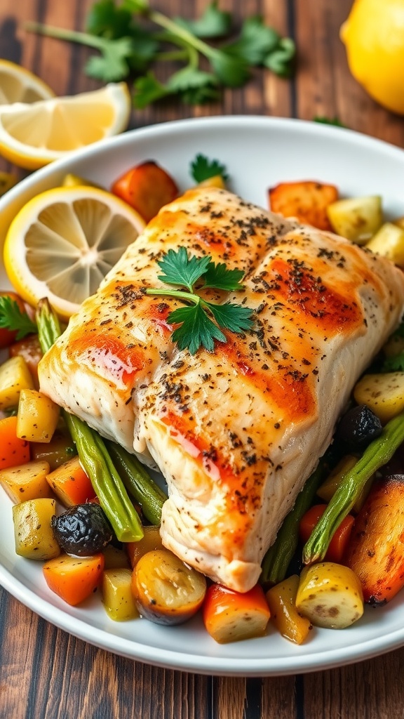 Baked salmon fillets garnished with lemon slices and parsley, served with sautéed vegetables on a rustic table.