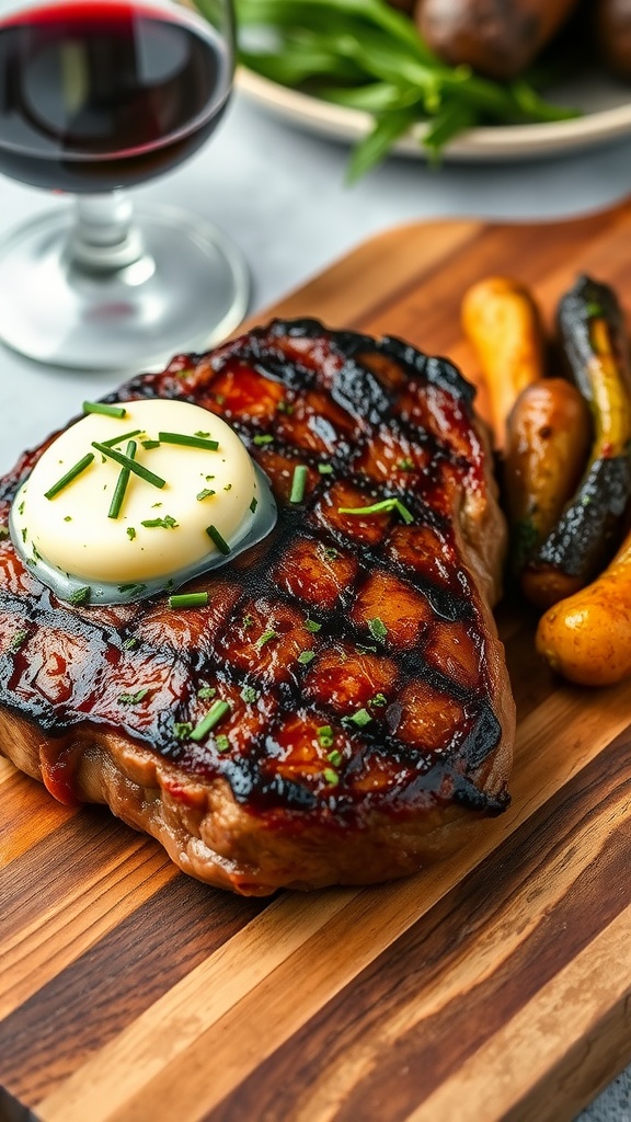 Juicy steak with herb butter on a wooden board, surrounded by roasted vegetables and a glass of wine.