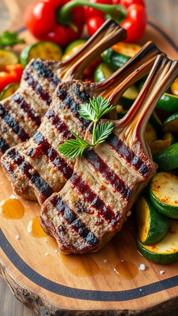 Grilled lamb chops garnished with rosemary, served with grilled vegetables on a rustic wooden board.