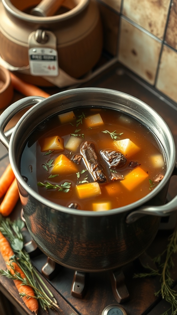 A pot of beef bone broth simmering, surrounded by fresh vegetables and herbs.