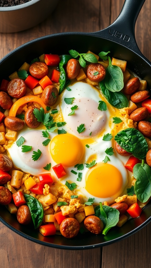 A hearty breakfast skillet with sausage, eggs, bell peppers, and spinach, garnished with parsley.