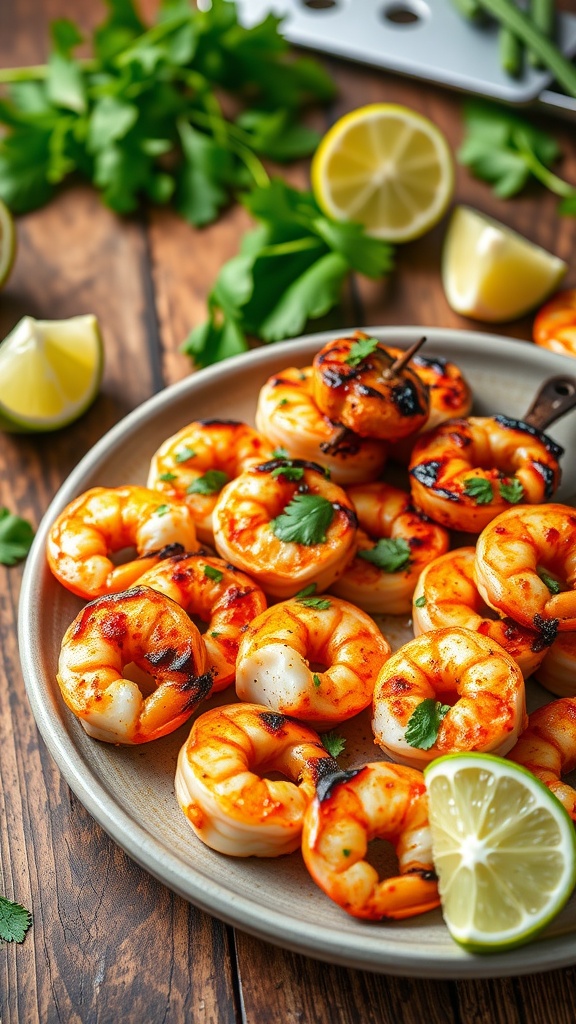 Spicy grilled shrimp skewers served with lime wedges on a rustic table.