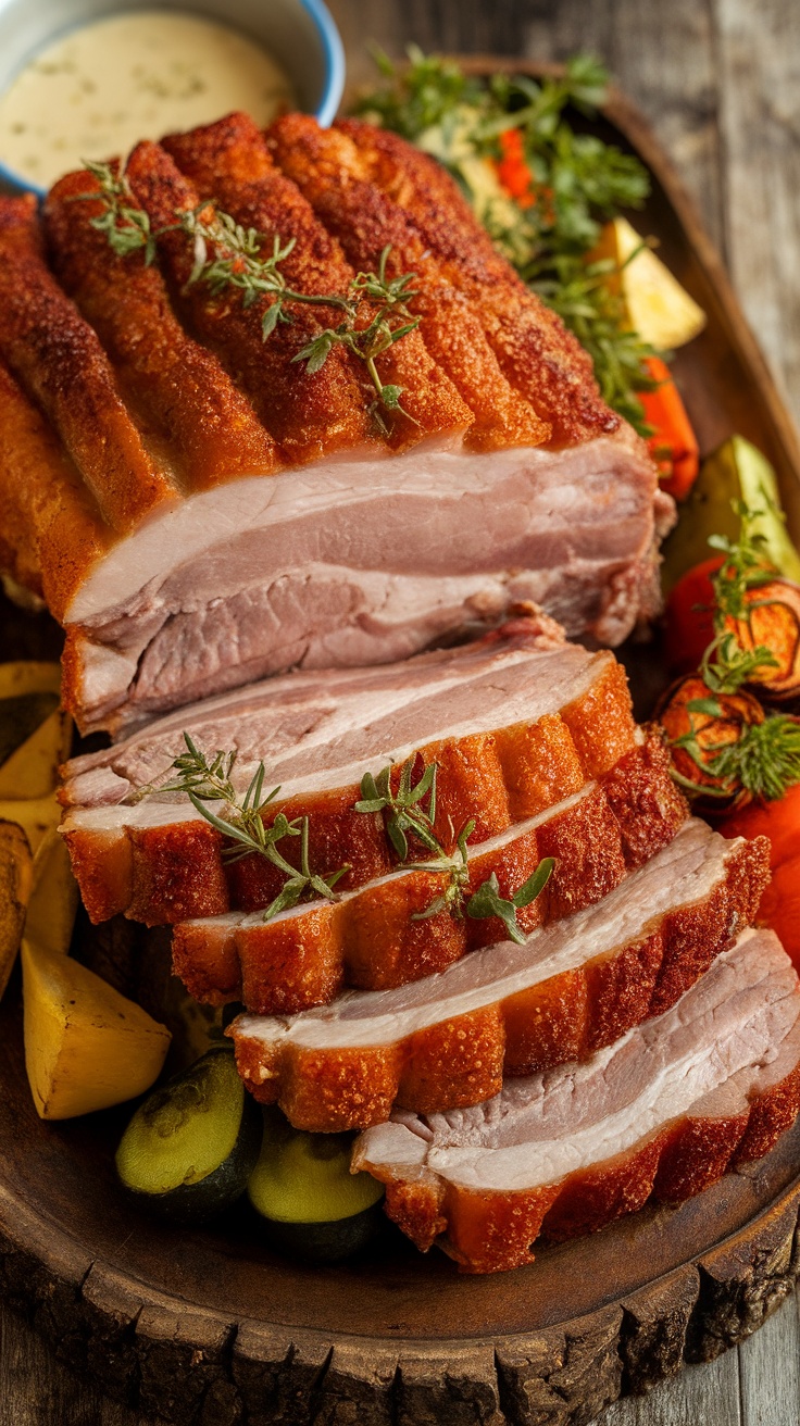 Crispy roasted pork belly slices on a wooden platter with herbs and roasted vegetables.