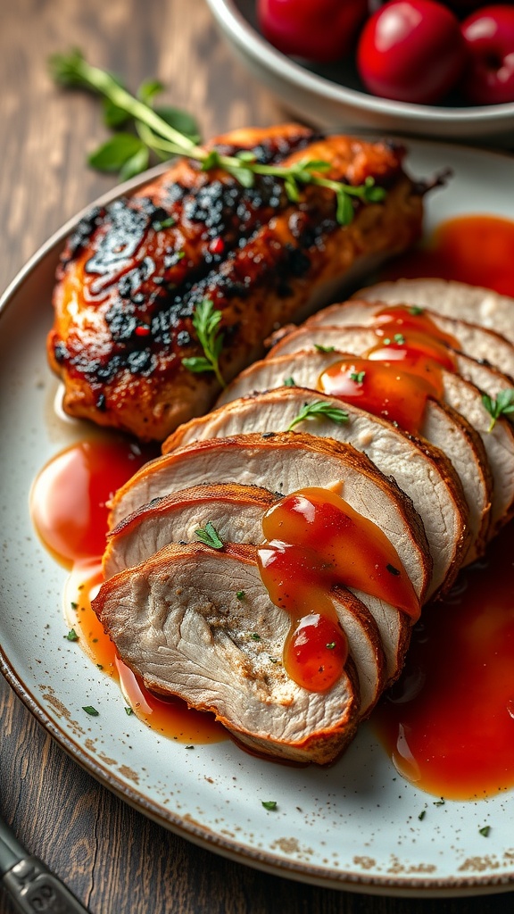 Pan-seared duck breast sliced and garnished with herbs and fruit sauce on a rustic table.