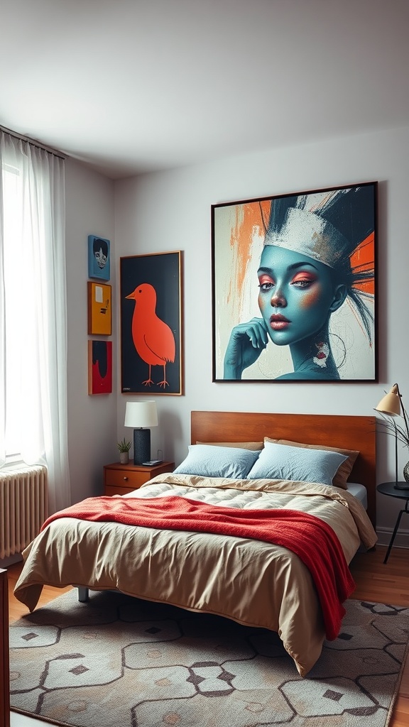 A modern bedroom featuring abstract art on the walls, with a bed dressed in neutral tones and a vibrant red throw.