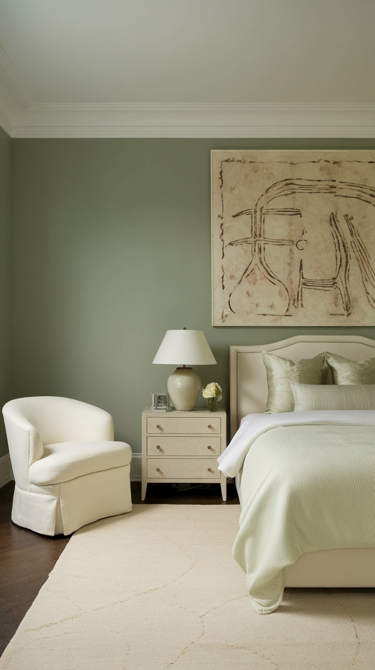 A bedroom featuring a sage green accent wall, cream furniture, and cozy decor.
