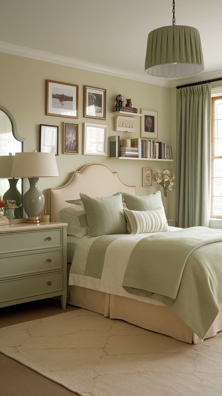 A sage green and cream bedroom showcasing personal touches with framed art and decorative items.