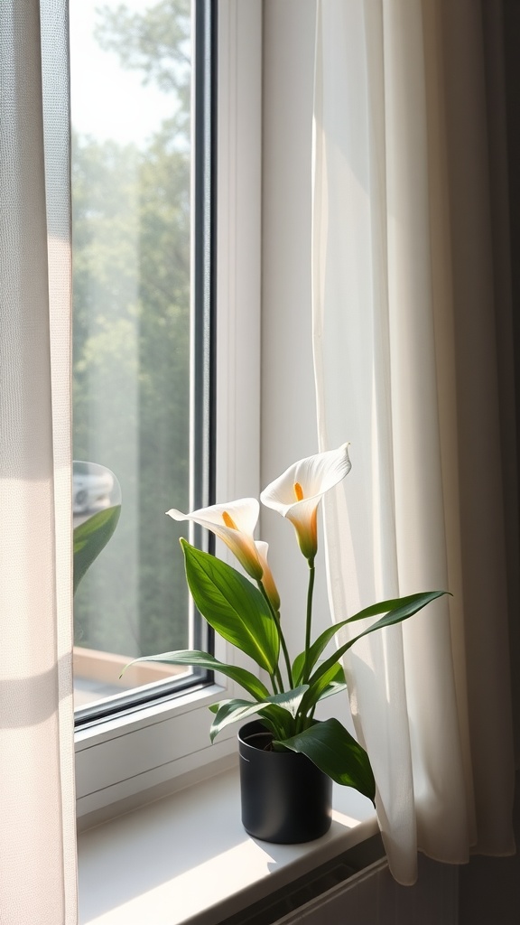 A Peace Lily plant with white flowers in a black pot next to a window