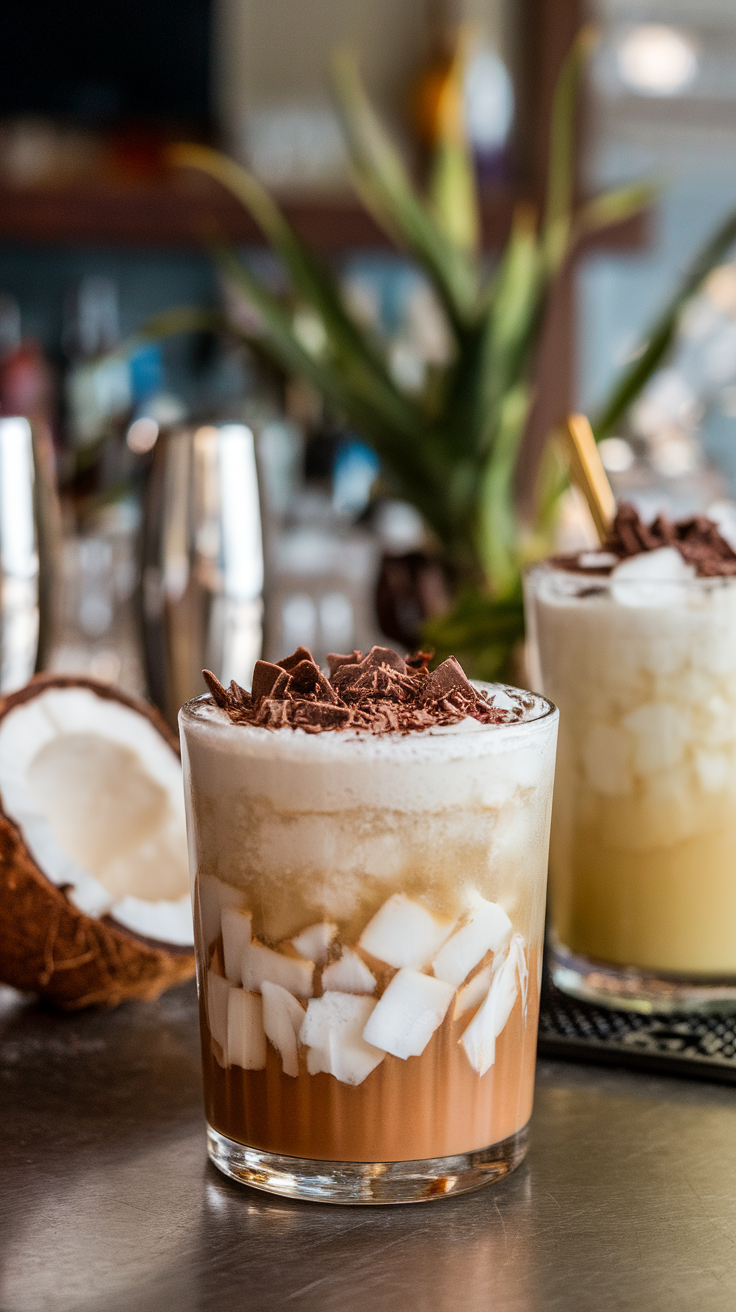 A refreshing Almond Joy Cocktail garnished with chocolate shavings and coconut, set against a vibrant bar background.