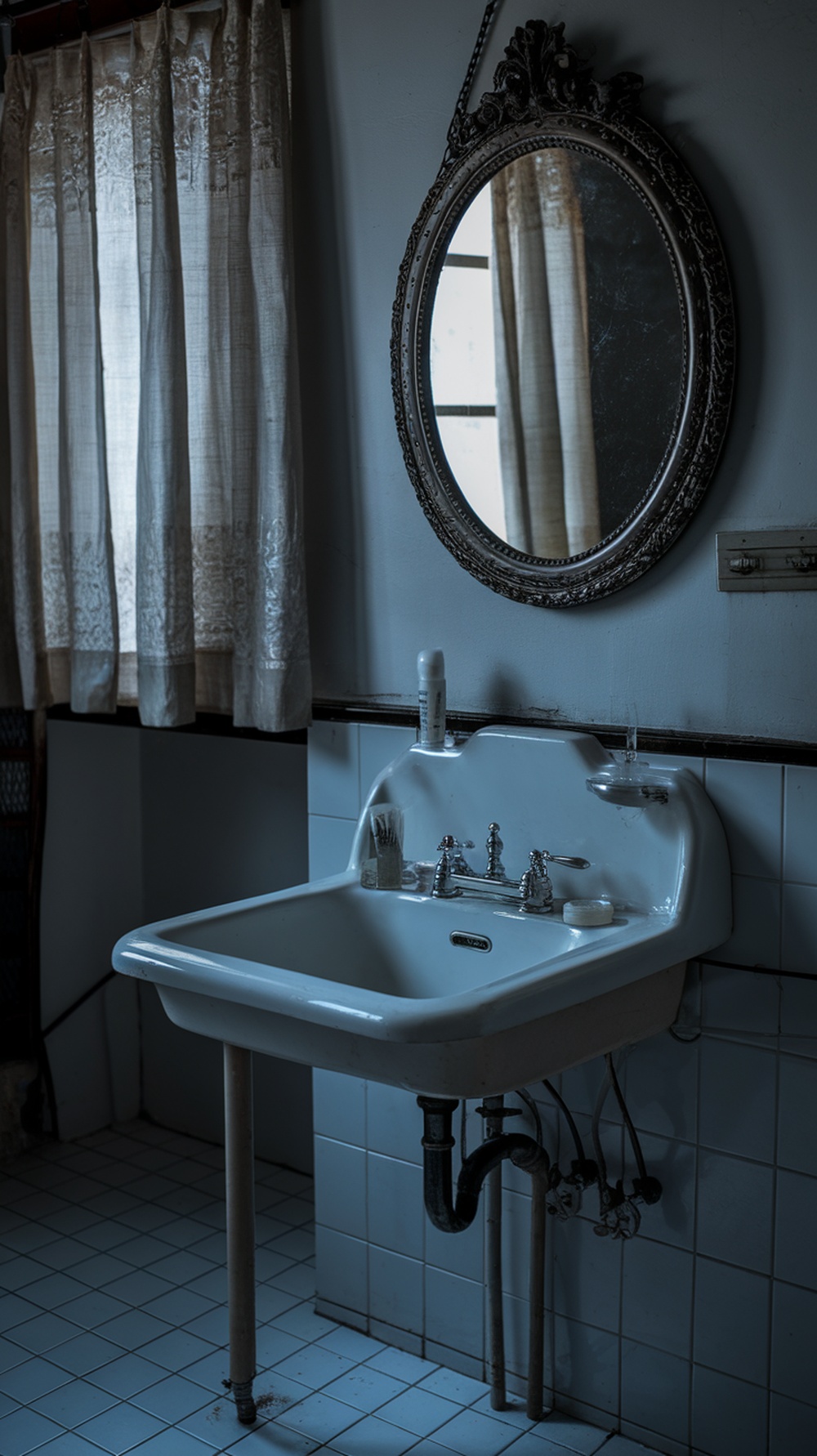 A vintage bathroom featuring an antique mirror with an ornate frame above a classic sink.