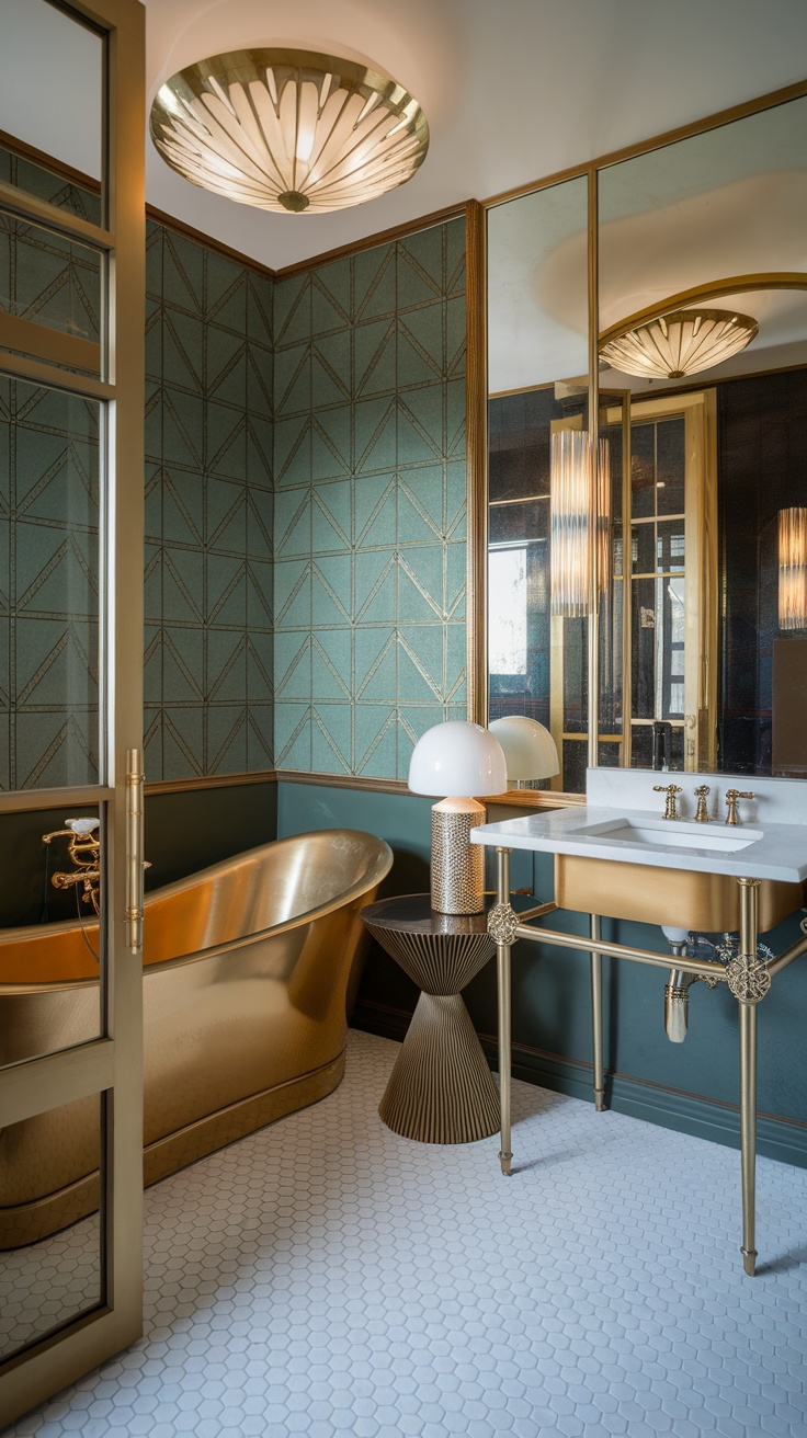 A beautifully designed bathroom featuring Art Deco elements, with a golden bathtub, stylish lighting, and geometric patterned walls.