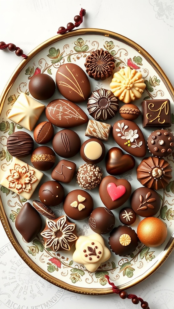 A beautiful assortment of artisan chocolates displayed on a decorative tray.